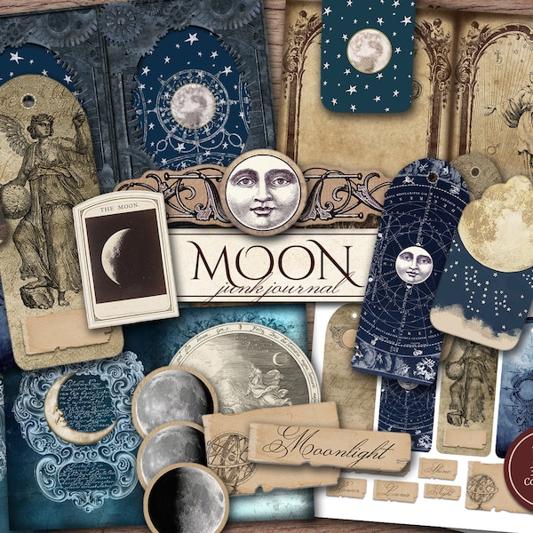 Mond Junk Journal Kit (Druckbare JPG Seiten mit Ephemera, Cover, Tags, Lesezeichen), Astronomie Lunar, Celestial Digital Paper, Digital Download