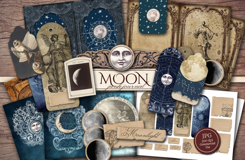 Moon Junk Journal Kit (Printable JPG Pages with Ephemera, Cover, Tags, Bookmark), Astronomy Lunar, Celestial Digital Paper, Digital Download 