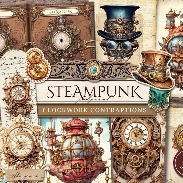 Steampunk Clockwork Junk Journal Kit (Printable JPG Pages with Ephemera, Tags, Bookmark), Gear Contraptions, Digital Paper, Digital Download