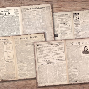 May include: A collection of vintage newspaper pages with headlines such as "Surenberger Gazelle", "New-York Tribune", "The Farmington Times", "Evening Herald", "READ - HEED - SPEED", and "SAM'S SAFETY LAMP".
