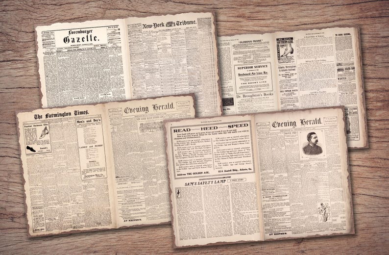 May include: A collection of vintage newspaper pages with headlines such as "Surenberger Gazelle", "New-York Tribune", "The Farmington Times", "Evening Herald", "READ - HEED - SPEED", and "SAM'S SAFETY LAMP".