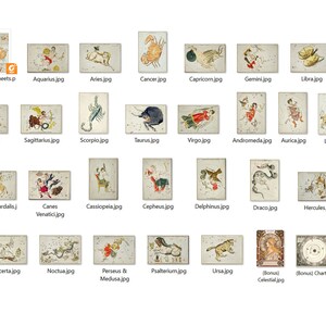 May include: A set of 28 vintage-style illustrations of constellations, each depicting a different constellation with a unique design. The illustrations are in a light brown color with black outlines and feature a variety of celestial creatures and symbols.