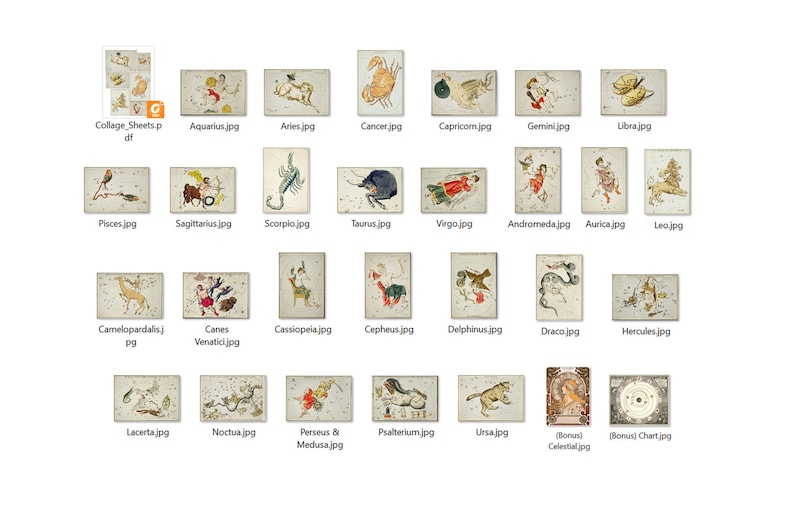 May include: A set of 28 vintage-style illustrations of constellations, each depicting a different constellation with a unique design. The illustrations are in a light brown color with black outlines and feature a variety of celestial creatures and symbols.