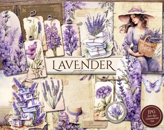Lavender Junk Journal Kit (Printable JPG Pages with Ephemera, Tags), Lilac Flowers, Country Girl, Floral Digital Paper, Digital Download