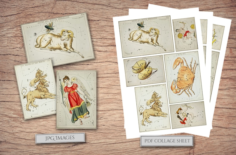 May include: A printable PDF collage sheet featuring vintage illustrations of constellations. The sheet includes images of Aries, Gemini, Cancer, Leo, Virgo, and Sagittarius.