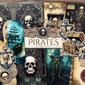 Kit di diario spazzatura pirati (pagine JPG stampabili con effimeri, tag, segnalibri), Davy Jones, Seven Seas, carta digitale per navi, download digitale