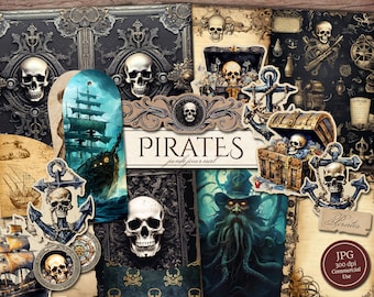 May include: A digital scrapbook kit with a pirate theme. The kit includes images of ships, skulls, treasure chests, anchors, and a kraken. The text "PIRATES" is featured on a banner.