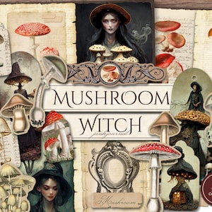 Mushroom Witch Junk Journal Kit (páginas JPG para impressão com coisas efêmeras, capa, etiquetas, suprimentos), Wicca, papel digital de outono, download digital