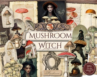 Mushroom Witch Junk Journal Kit (Printable JPG Pages with Ephemera, Cover, Tags, Supplies), Wicca, Autumn Digital Paper, Digital Download