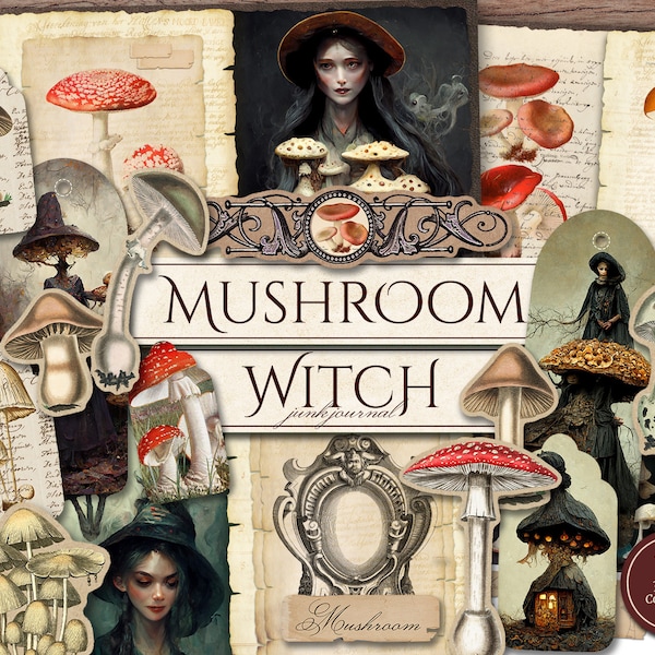 Mushroom Witch Junk Journal Kit (Printable JPG Pages with Ephemera, Cover, Tags, Supplies), Wicca, Autumn Digital Paper, Digital Download