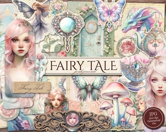 May include: A digital collage of images with a fairy tale theme. The collage includes images of fairies, butterflies, mushrooms, a dragon, a teapot, and a door. The text "Fairy Tale" is written in a decorative font.