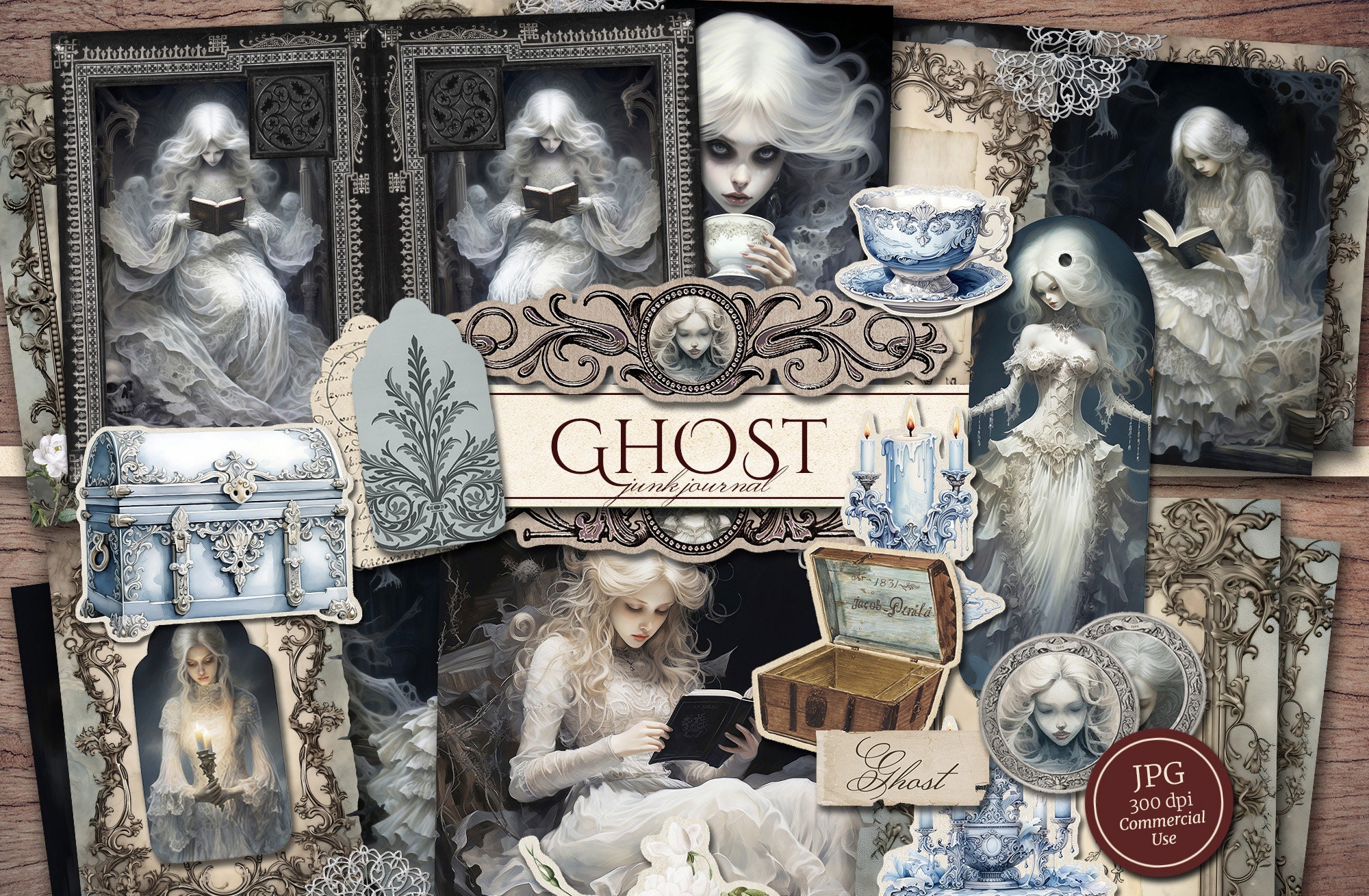 Ghost Junk Journal Kit (Printable JPG Pages with Ephemera, Tags, Bookmark), Gothic Girl, Spooky, Haunted Digital Paper, Digital Download