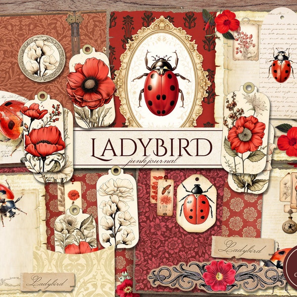 Ladybird Junk Journal Kit (Printable JPG Pages with Ephemera, Tags), Ladybug Beetle, Red Floral, Insect, Bug Digital Paper, Digital Download