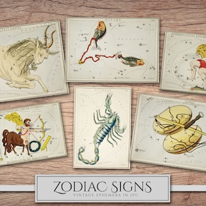 May include: Vintage illustrations of the 12 zodiac signs, each depicted in a separate frame with a star chart and a mythological figure. The signs are Capricorn, Pisces, Aquarius, Sagittarius, Scorpio, and Libra.