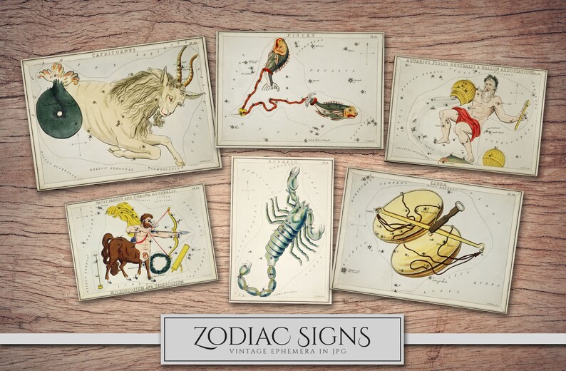 May include: Vintage illustrations of the 12 zodiac signs, each depicted in a separate frame with a star chart and a mythological figure. The signs are Capricorn, Pisces, Aquarius, Sagittarius, Scorpio, and Libra.