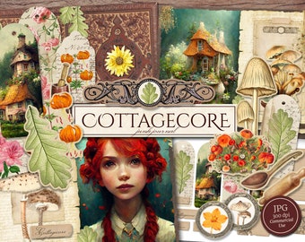 Kit de journal indésirable Cottagecore (pages JPG imprimables avec éphémères, couverture, étiquettes), botanique, papier numérique de chalet de campagne, téléchargement numérique