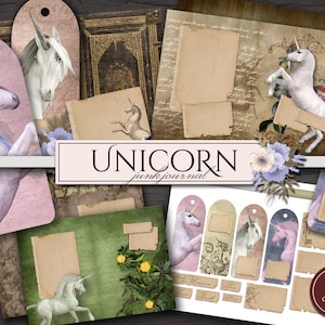 Unicorn Junk Journal Kit (Printable JPG Pages with Ephemera, Cover, Bookmarks, Labels, Embellishments), Complete Digital Set for Scrapbook