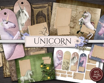Unicorn Junk Journal Kit (Printable JPG Pages with Ephemera, Cover, Bookmarks, Labels, Embellishments), Complete Digital Set for Scrapbook