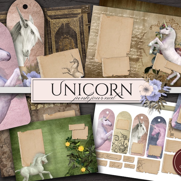 Unicorn Junk Journal Kit (pages JPG imprimables avec éphémères, couverture, signets, étiquettes, embellissements), ensemble numérique complet pour album