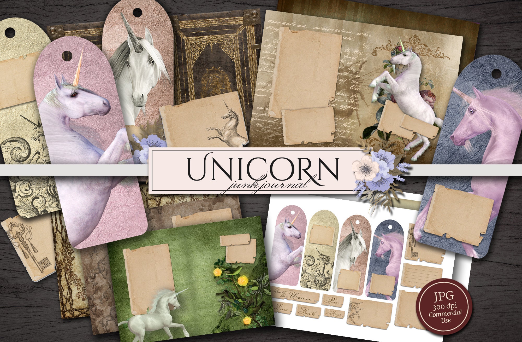 Unicorn Junk Journal Kit, Printable Scrapbook Paper Bundle By  GlamArtZhanna