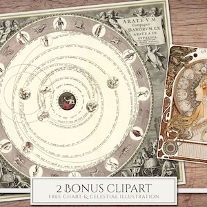 May include: Two vintage illustrations. The first is a circular chart with concentric circles and text in Latin. The second is a colorful illustration of a woman with long flowing hair, wearing a crown and a dress with a floral pattern. The text "LA PLUME" is at the top of the illustration.
