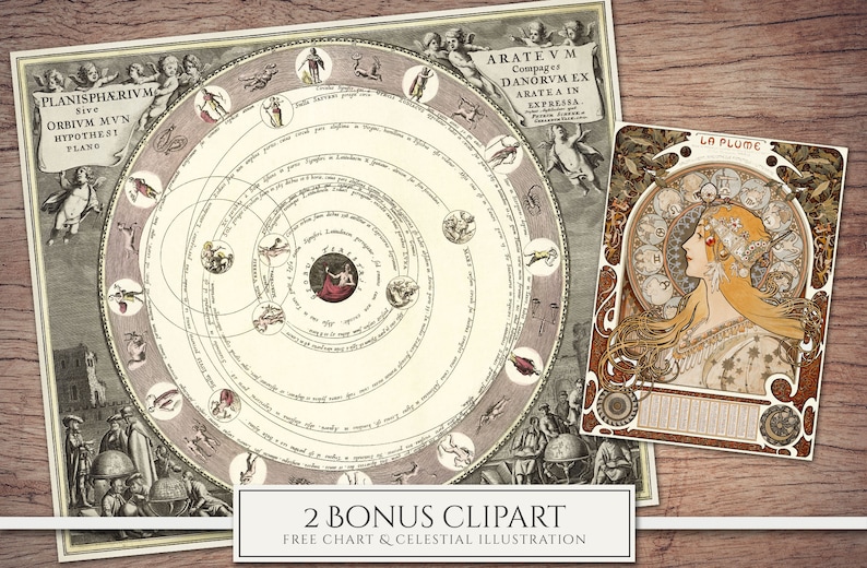 May include: Two vintage illustrations. The first is a circular chart with concentric circles and text in Latin. The second is a colorful illustration of a woman with long flowing hair, wearing a crown and a dress with a floral pattern. The text "LA PLUME" is at the top of the illustration.