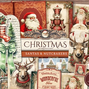 Christmas Santa Junk Journal Kit (Printable JPG Pages with Ephemera, Tags), Nutcracker, Reindeer, Xmas Tree Digital Paper, Digital Download