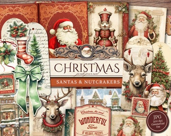 Christmas Santa Junk Journal Kit (druckbare JPG Seiten mit Ephemera, Tags), Nussknacker, Rentier, Weihnachtsbaum Digitales Papier, digitaler Download