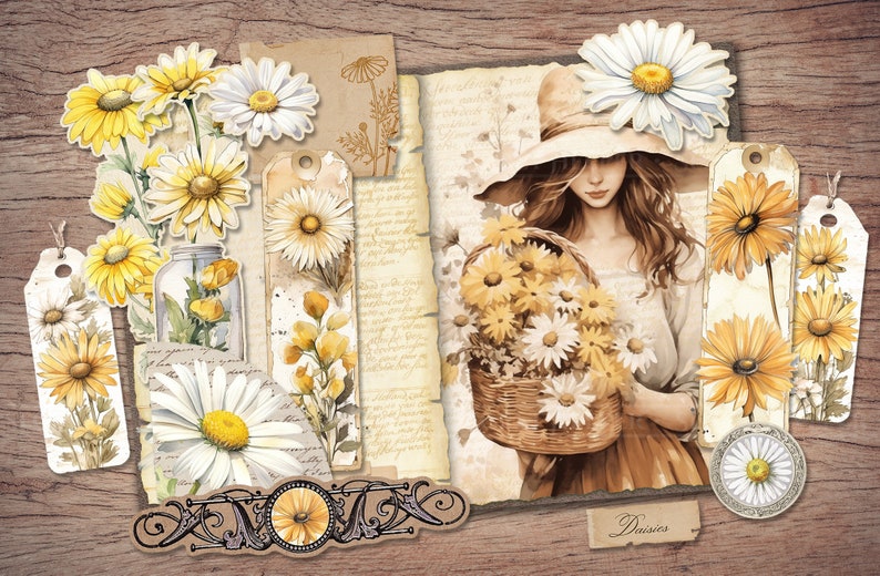 Daisy Junk Journal Kit Printable JPG Pages with Ephemera, Tags, Bookmark, Fussy Cut, Summer Floral, Flower Digital Paper, Digital Download image 7
