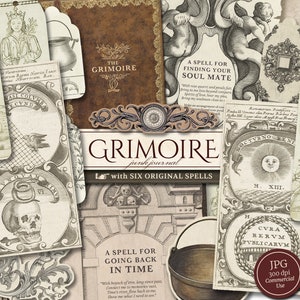 Grimoire Junk Journal Kit (Páginas JPG imprimibles con efímera), Hechizos para el amor, Suerte, Protección, Papel digital de bruja, Descarga digital