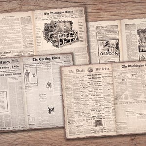May include: A collection of vintage newspaper clippings from The Washington Times, The Evening Times, and The Daily Bulletin. The newspapers are printed on yellowed paper with black ink and feature headlines, articles, and advertisements.
