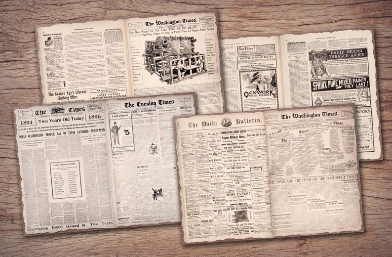 May include: A collection of vintage newspaper clippings from The Washington Times, The Evening Times, and The Daily Bulletin. The newspapers are printed on yellowed paper with black ink and feature headlines, articles, and advertisements.