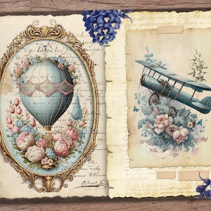 May include: An open vintage journal with two pages showing illustrations of a hot air balloon and a vintage airplane. The pages are decorated with floral designs and handwritten text. The journal is on a wooden surface.