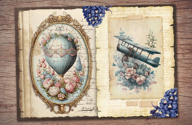 May include: An open vintage journal with two pages showing illustrations of a hot air balloon and a vintage airplane. The pages are decorated with floral designs and handwritten text. The journal is on a wooden surface.