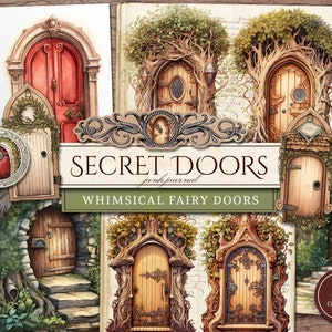 Secret Doors Junk Journal Kit (páginas JPG para impressão com coisas efêmeras, tags, marcadores), Whimsical Fairy Doors, papel digital, download digital