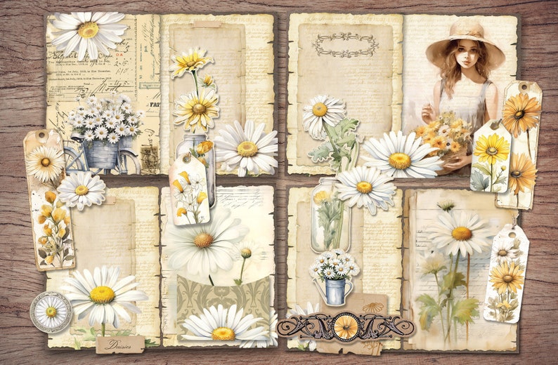 Daisy Junk Journal Kit Printable JPG Pages with Ephemera, Tags, Bookmark, Fussy Cut, Summer Floral, Flower Digital Paper, Digital Download image 3