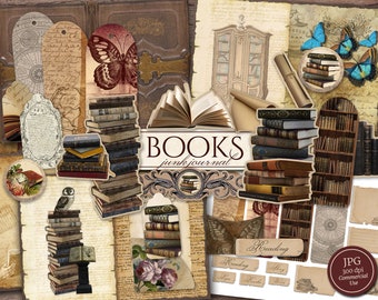 Book Junk Journal Kit (Printable JPG Pages with Ephemera, Cover, Tags, Bookmarks), Dark Academia, Library Digital Paper, Digital Download