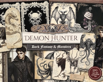 Demon Hunter Junk Journal Kit (Printable JPG Pages with Ephemera, Tag), Dark Fantasy, Monster Slayer, Occult Digital Paper, Digital Download