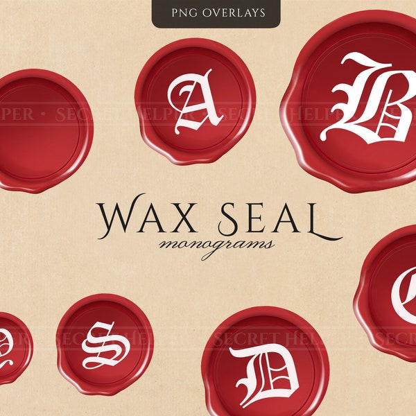 Wax Seal Monogram Clipart (PNG Overlay), Printable Sealing Insignia, Alphabet Letters A-Z, Initials, Digital Download for Commercial Use