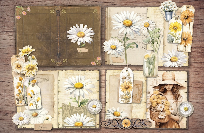 Daisy Junk Journal Kit Printable JPG Pages with Ephemera, Tags, Bookmark, Fussy Cut, Summer Floral, Flower Digital Paper, Digital Download image 2