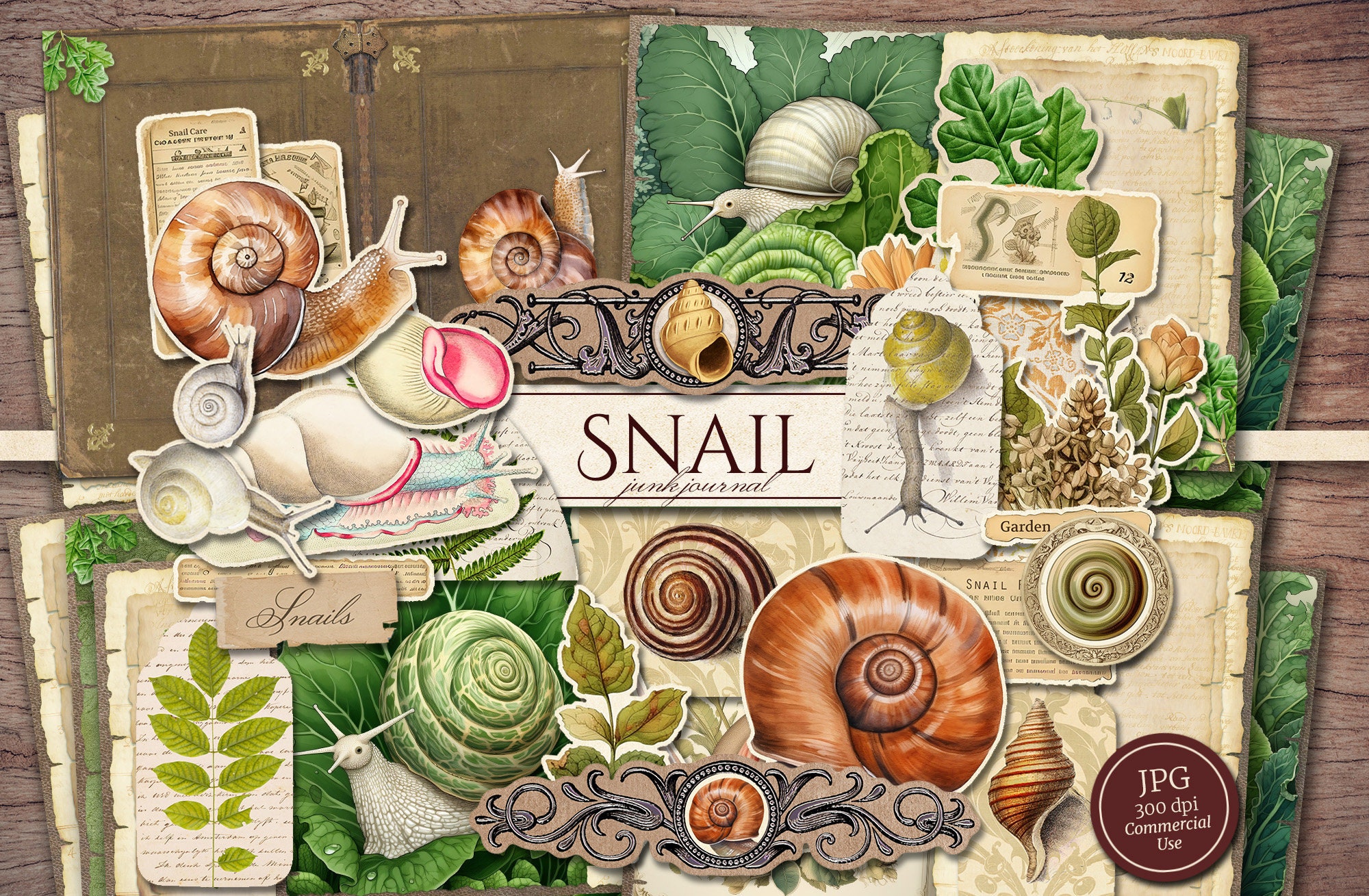 Kit de journal indésirable escargot (Pages JPG imprimables avec éphémères, étiquettes, coupes difficiles), coquillages nature, feuille, jardin papier numérique, téléchargement numérique