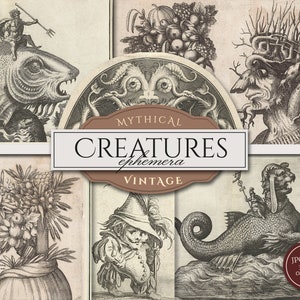Creature mitiche effimere (fogli collage JPG e PDF), mostri marini vintage, draghi, spiriti della foresta, download digitale per uso commerciale