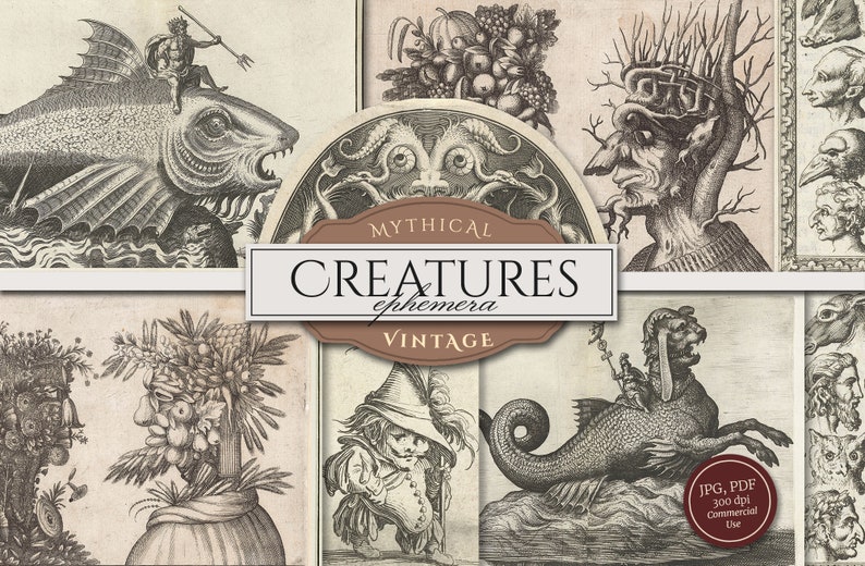 May include: A collage of vintage illustrations of mythical creatures, including a fish with a human riding on its back, a tree-like creature with a human face, a creature with a human head and a body made of plants, and a sea serpent with a human riding on its back. The text "MYTHICAL CREATURES ephemera VINTAGE" is displayed in the center of the collage.