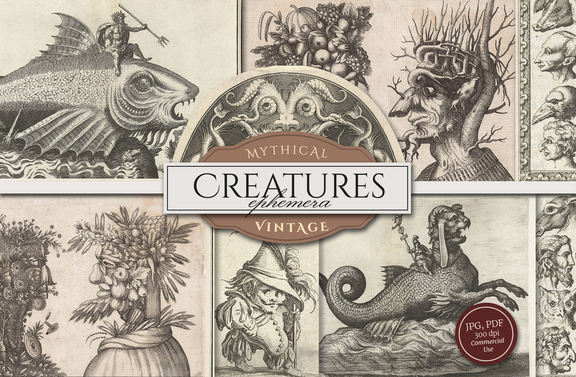 Mythical Creatures Ephemera (JPG & PDF Collage Sheets), Vintage Sea Monsters, Dragons, Forest Spirits, Digital Download for Commercial Use