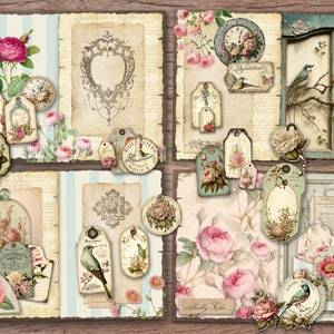 Kit de journal indésirable shabby chic pages JPG imprimables avec éphémères, couverture, étiquettes, pastel, horloge, oiseau, rose, papier numérique, téléchargement numérique image 3