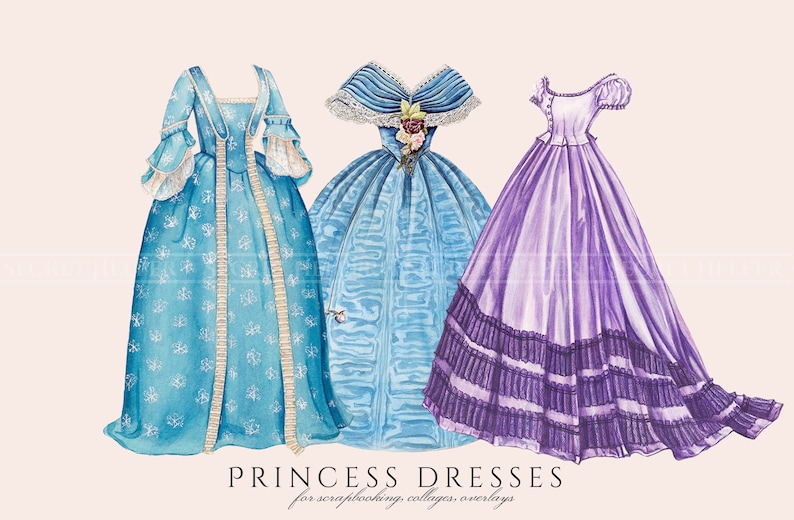 Prinses Jurk Clipart in PNG, Lange Baljurk, Sprookje, Vintage Illustraties, Papieren Pop Overlays, Digitale Download voor Commercieel Gebruik afbeelding 4