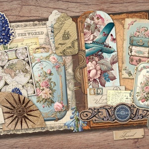 May include: Vintage travel themed scrapbook paper with a blue airplane, floral designs, maps, and compass. The paper is perfect for crafting and scrapbooking.