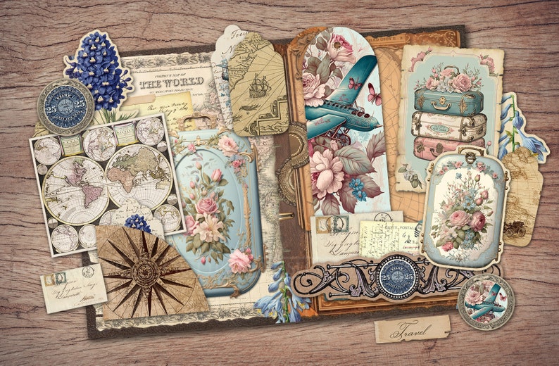 May include: Vintage travel themed scrapbook paper with a blue airplane, floral designs, maps, and compass. The paper is perfect for crafting and scrapbooking.