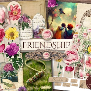 Friendship Junk Journal Kit (afdrukbare JPG-pagina's met kortstondige, omslag, tags), herinneringen, doe-het-zelfcadeau, vrienden digitaal papier, digitale download