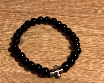 Black Beaded Cross Bracelet: Stretchy Metal Cross Jewelry